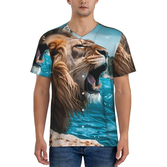 Hirioo Ice Blue Coastal Lion for Men's Baseball T-shirt Shirts Short Sleeve Casual Summer Button Stretch T Shirts,Size S-4XL-