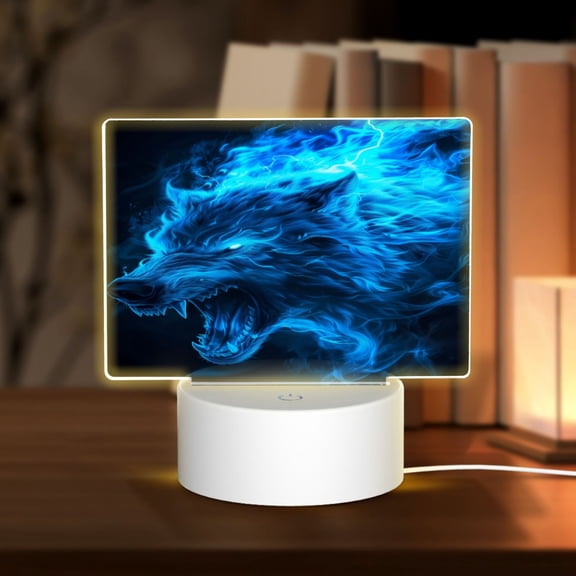 Hirioo Ice Blue Fire Wolf for Rectangular Acrylic with Night Light Best Gifts for Lover Girl Mom, Valentine's Day Anniversary Birthday Wedding Present