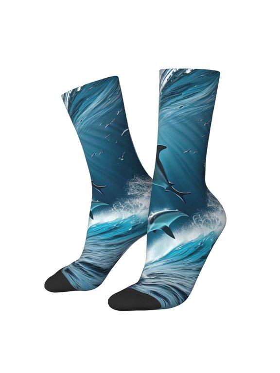 Ice Blue Ocean Cute Dolphin A Pattern Adult Middle Tube Socks Breathable Sock Non-Pilling,Contrasting Color Design