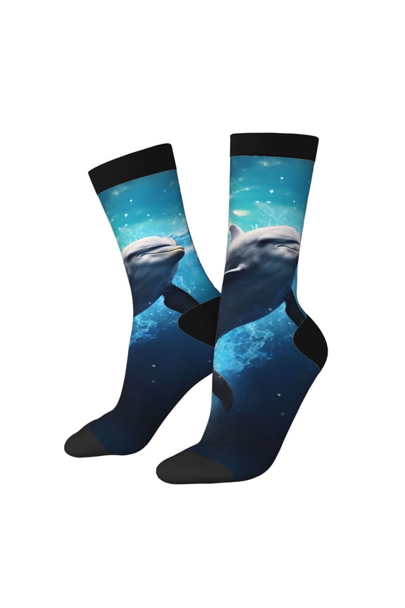 Ice Blue Ocean Cute Dolphin Pattern Adult Middle Tube Socks Breathable Sock Non-Pilling,Contrasting Color Design