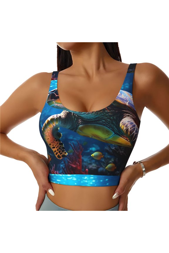 Ice Blue Ocean Sea Turtle for Women's Sports Vest with Full-Print Design, Stretchy Fabric and Removable Pads-Medium