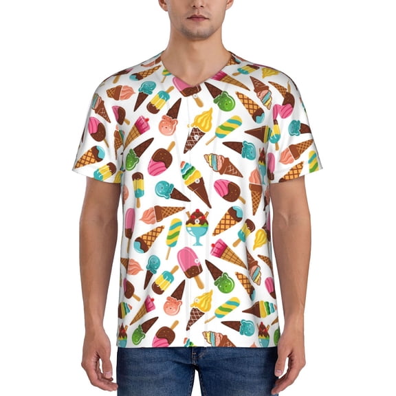 Hirioo Ice Cream Popsicles for Men's Baseball T-shirt Shirts Short Sleeve Casual Summer Button Stretch T Shirts,Size S-4XL-X-Large