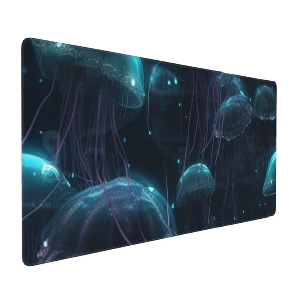 Hirioo Ice blue light spot jellyfish for Mouse Pad ,Anti-Slip Base, Durable Stitched Edges, Perfect for Gaming, Office, and Home Use,16x35.5in