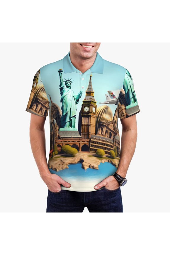 Iconic Global Landmarks for Men’s Polo Shirts Quick Dry Short Sleeve Golf T Shirt Performance Moisture Wicking Casual Workout,Sizes S-4XL-XX-Large