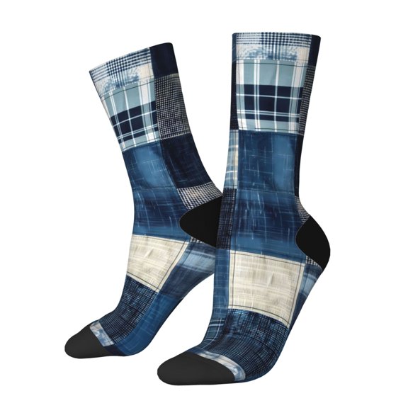 Hirioo Indigo Patchwork Quilt Pattern Adult Middle Tube Socks Breathable Sock Non-Pilling,Contrasting Color Design