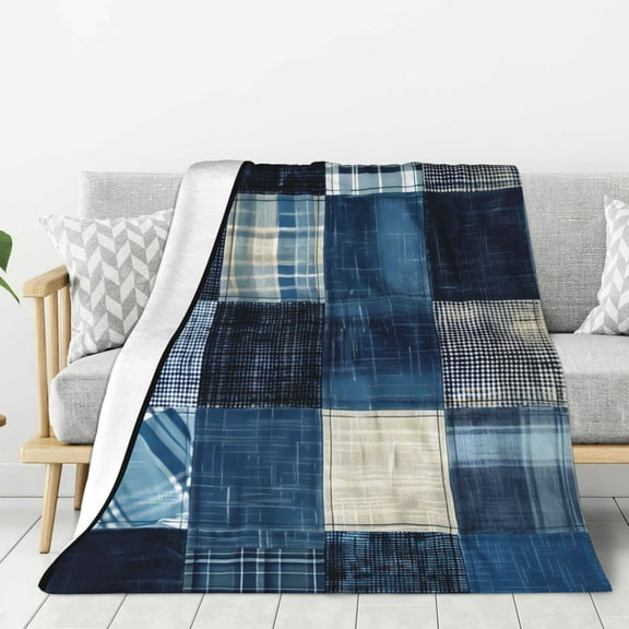 Hirioo Indigo Patchwork Quilt for Flannel Blanket, Cozy and Warm Throw for Bed or Couch ,Perfect for All Seasons-40"x30"