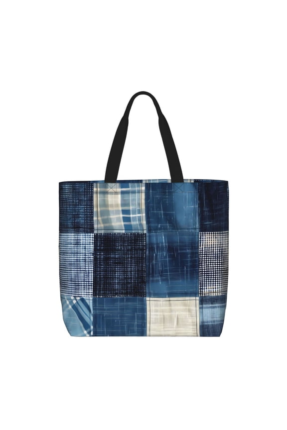 Indigo Patchwork Quilt for Tote Bag for Women, Quilted Shoulder Bag with Zipper, Large Capacity Handbags for Casual, Travel, Work