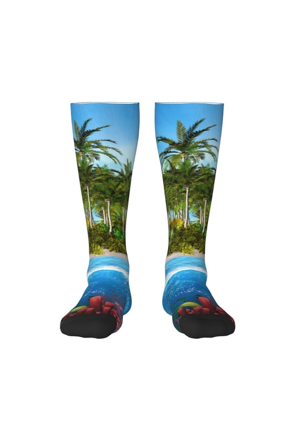 Island And Coral Reef for Adult Stockings Breathable Sock Non-Pilling,Contrasting Color Design