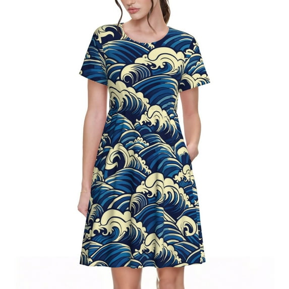 Hirioo Japanese Water Wave for Short Sleeve Dress Women’ Short Sleeve dress with Pockets