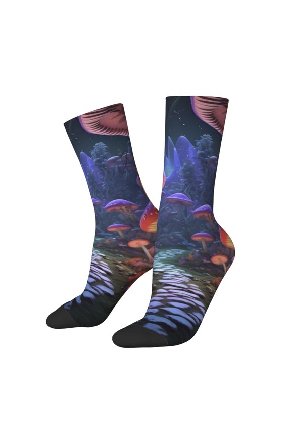 Jungle Path Glowing Mushrooms Pattern Adult Middle Tube Socks Breathable Sock Non-Pilling,Contrasting Color Design