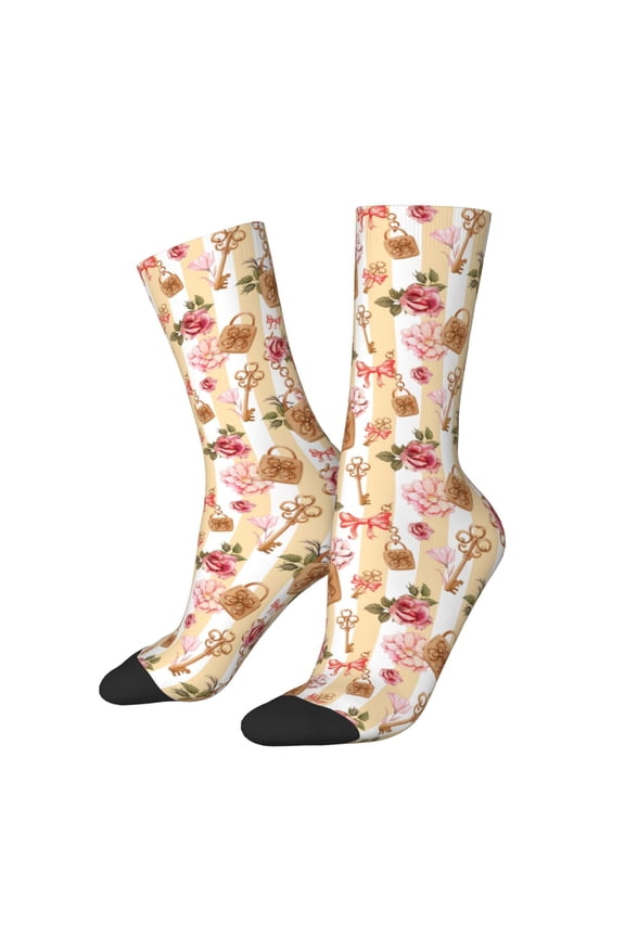 Key Lock And Flowers Pattern Adult Middle Tube Socks Breathable Sock Non-Pilling,Contrasting Color Design