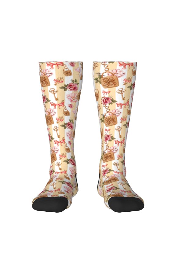 Key Lock And Flowers for Adult Stockings Breathable Sock Non-Pilling,Contrasting Color Design