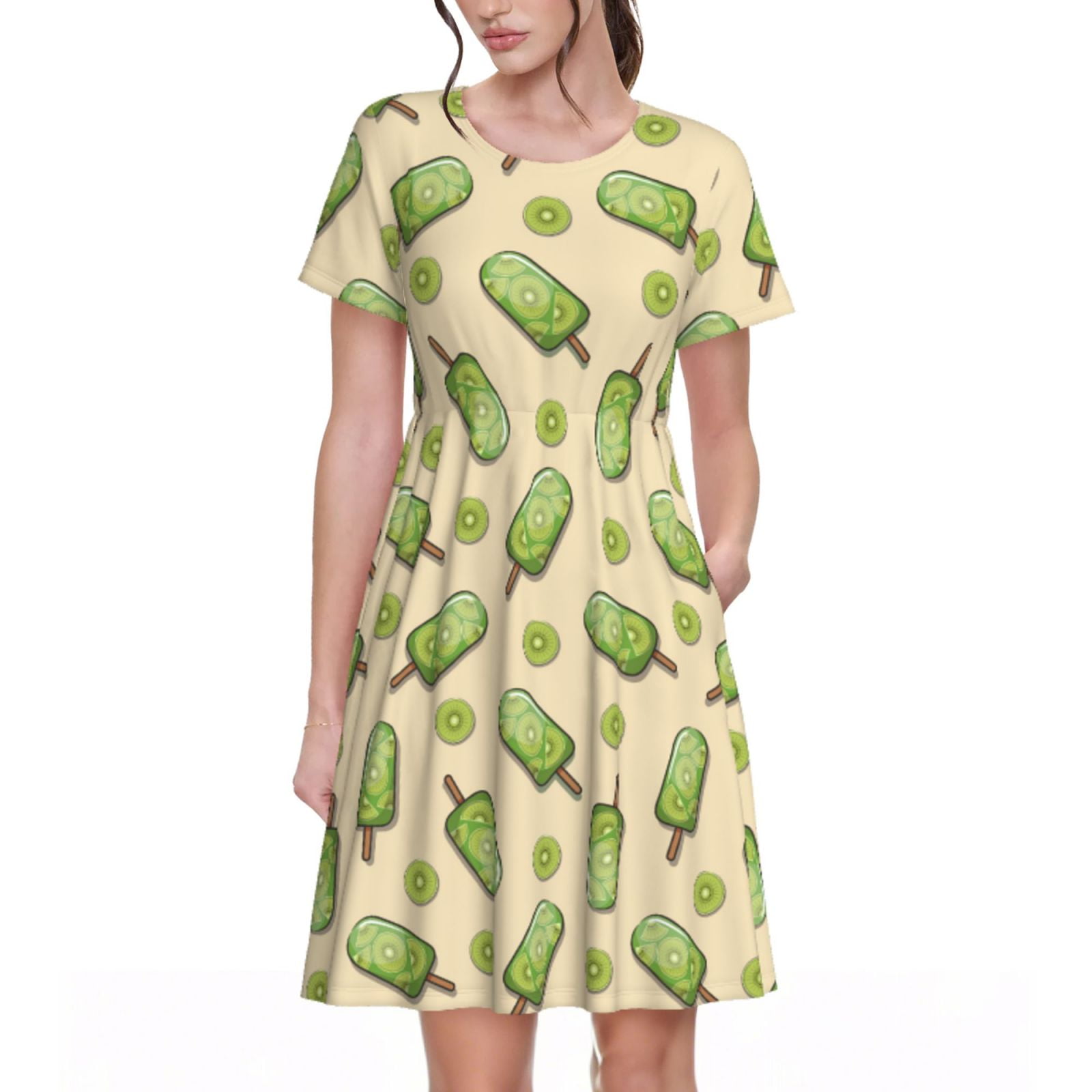 Summer Arrival Animals Shaped Ice-cream Pattern Short Sleeves Crew Neck Dress for Stylish Girls