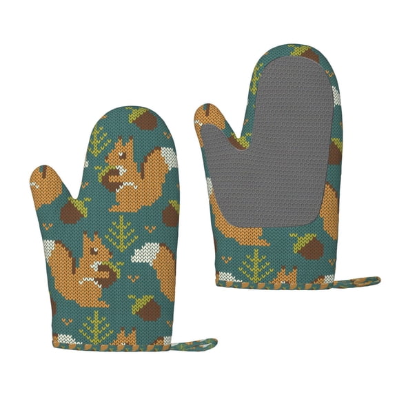Hirioo Knitted Woodland Squirrel for Silicone Oven Mitts for BBQ, Baking, Cooking, Set of 2, Heat Resistant 260, Non-Slip Kitchen Essentials