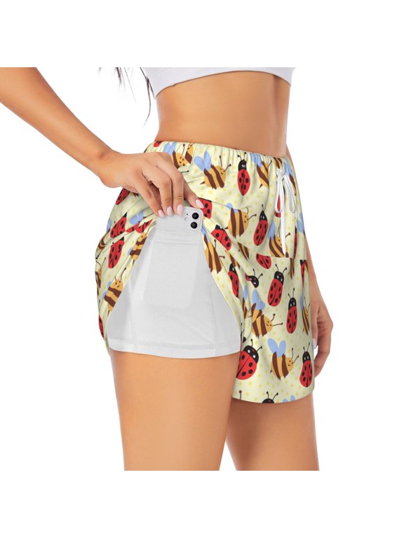Ladybug And Bee for Women's Double Layer Athletic Shorts High-Performance Gym Shorts with Inner Pocket, Elastic Waistband-Small