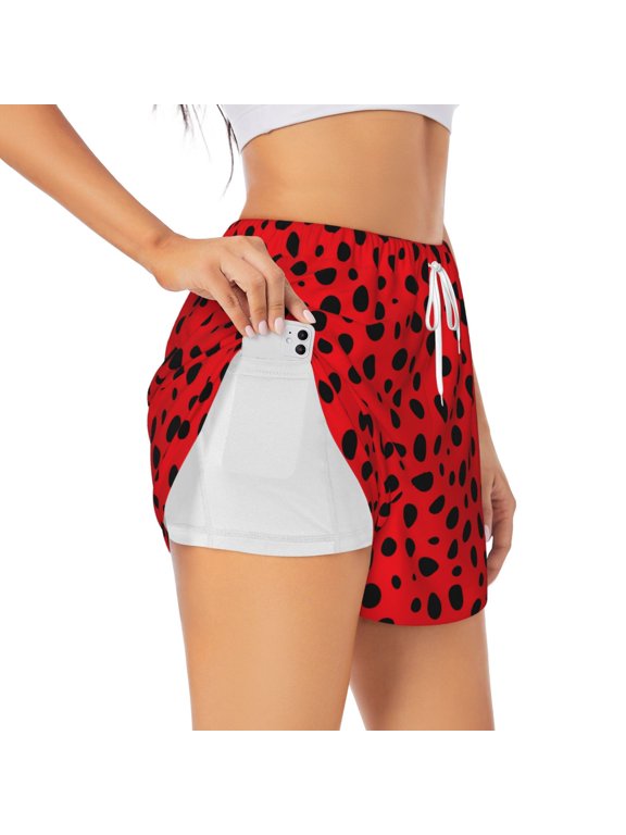 Ladybug Dotted for Women's Double Layer Athletic Shorts High-Performance Gym Shorts with Inner Pocket, Elastic Waistband-X-Large