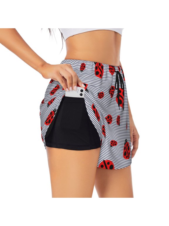 Ladybug for Women's Double Layer Athletic Shorts High-Performance Gym Shorts with Inner Pocket, Elastic Waistband-Medium