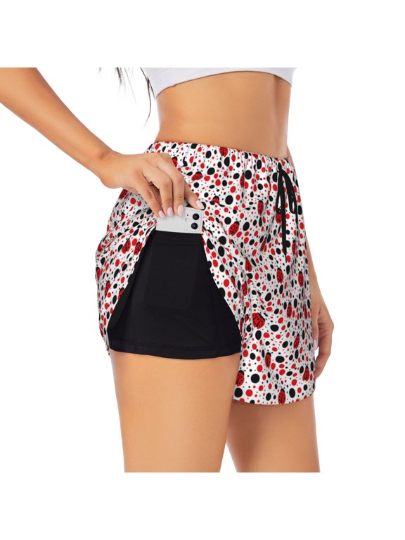 Ladybugs 2 for Women's Double Layer Athletic Shorts High-Performance Gym Shorts with Inner Pocket, Elastic Waistband-Small