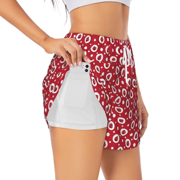 Hirioo Ladybugs And White Dots for Women's Double Layer Athletic Shorts High-Performance Gym Shorts with Inner Pocket, Elastic Waistband-Large
