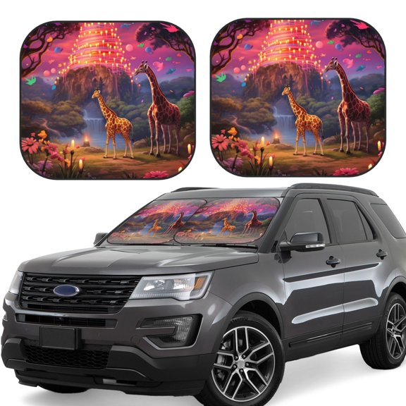 Hirioo Lantern Giraffes Magical Forest for 2PCS Windshield Sun Shade Foldable | Front Windshield Shade for Sun, Heat and UV Rays-Small