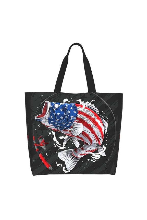 Largemouth Bass Fish in USA for Single Shoulder Shopping Bag,Eco-Friendly Tote with Large,Perfect for Groceries, Travel, and Daily Use