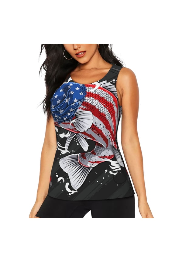 Largemouth Bass Fish in USA for Women's Workout Tank Top Sleeveless Workout Tops Athletic Gym Shirts-X-Large
