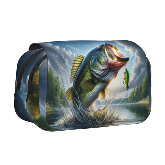 Hirioo Largemouth Bass Jumping Out of The Water for Large Grid Mesh Pencil Case with Zipper Stationery Organizer Case