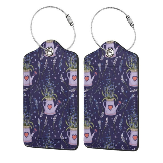 Hirioo Lavender Flowers Print Leather Luggage Tag with Stainless Steel Loop ,Privacy Flap and Address Card for Travel Bag Suitcase-2 PCS