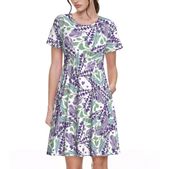 Hirioo Lavender Flowers for Short Sleeve Dress Women's Short Sleeve Dress with Pockets