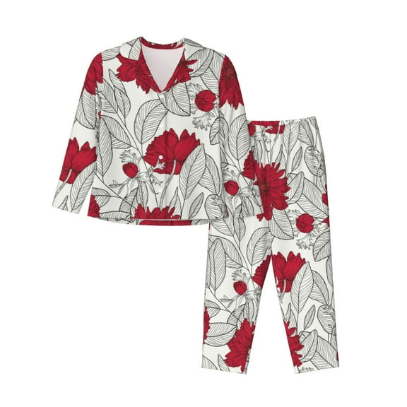 Hirioo Leaves And Anemone for Women's Pajama Sets 2 Piece Pjs Women's Long-Sleeved Pajama Set Button Down Sleepwear,S-XXL-XX-Large