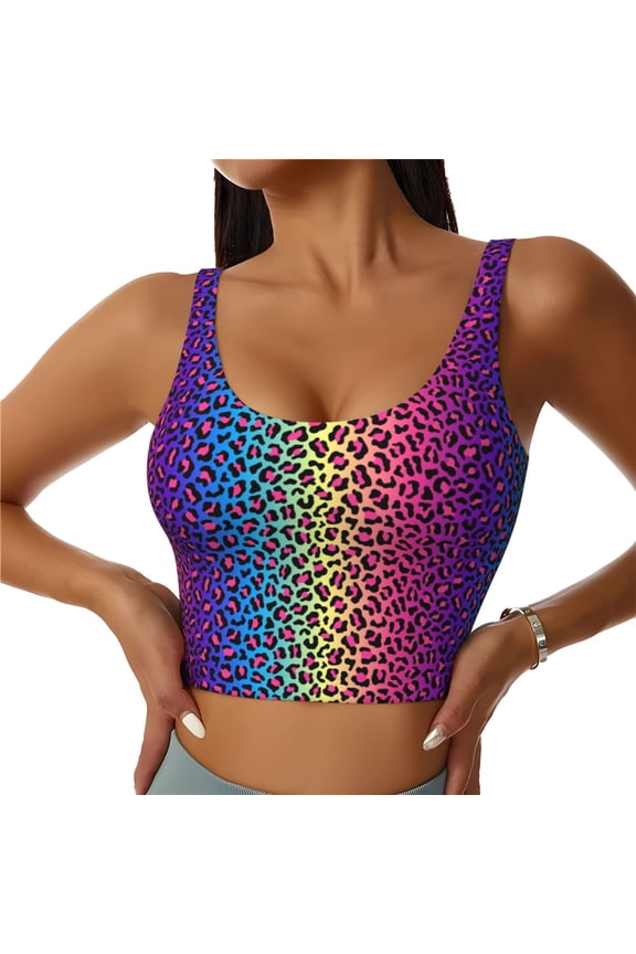 Leopard Neon Rainbow Gradient for Women's Sports Vest with Full-Print Design, Stretchy Fabric and Removable Pads-XX-Large