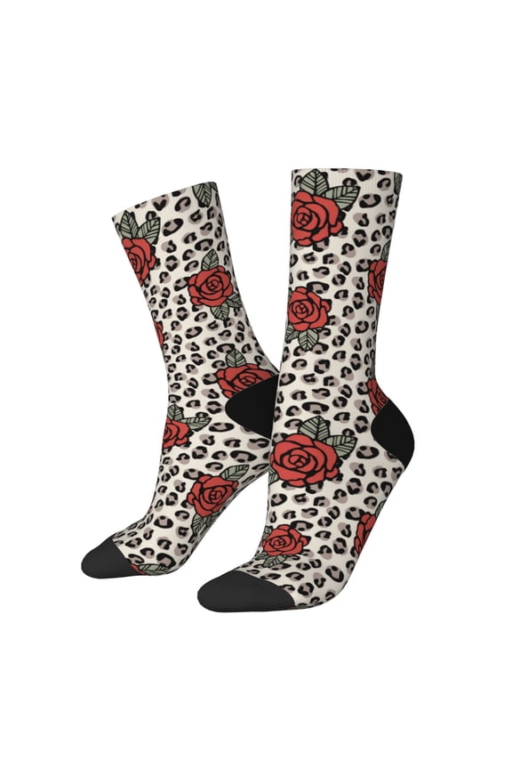 Leopard Print Rose Pattern Adult Middle Tube Socks Breathable Sock Non-Pilling,Contrasting Color Design