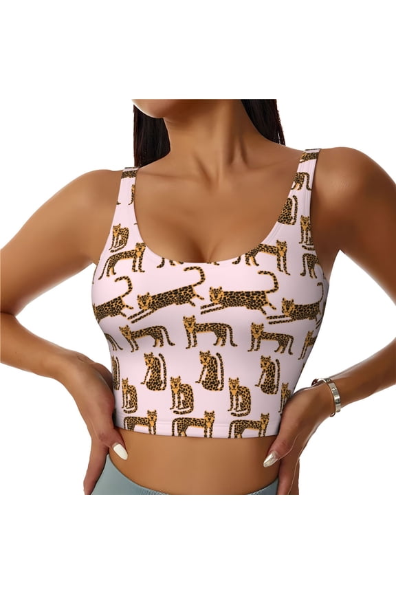 Leopard Print for Women's Sports Vest with Full-Print Design, Stretchy Fabric and Removable Pads-Medium