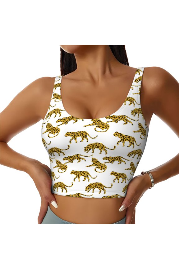 Leopard Print for Women's Sports Vest with Full-Print Design, Stretchy Fabric and Removable Pads-Small