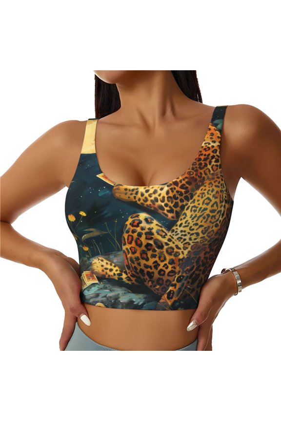 Leopard Reading Tarot Cards for Women's Sports Vest with Full-Print Design, Stretchy Fabric and Removable Pads-Medium