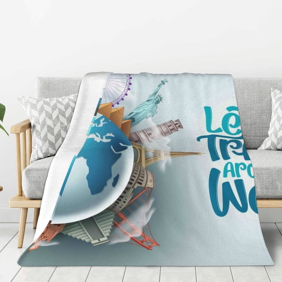 Hirioo Let's go Travel Around the World for Flannel Blanket, Cozy and Warm Throw for Bed or Couch ,Perfect for All Seasons-40"x30"