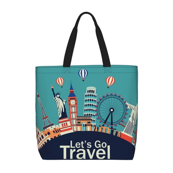 Hirioo Let's go Travel for Tote Bag for Women, Quilted Shoulder Bag with Zipper, Large Capacity Handbags for Casual, Travel, Work