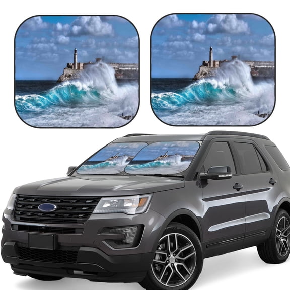 Hirioo Lighthouse in Havana for 2PCS Windshield Sun Shade Foldable | Front Windshield Shade for Sun, Heat and UV Rays-Small