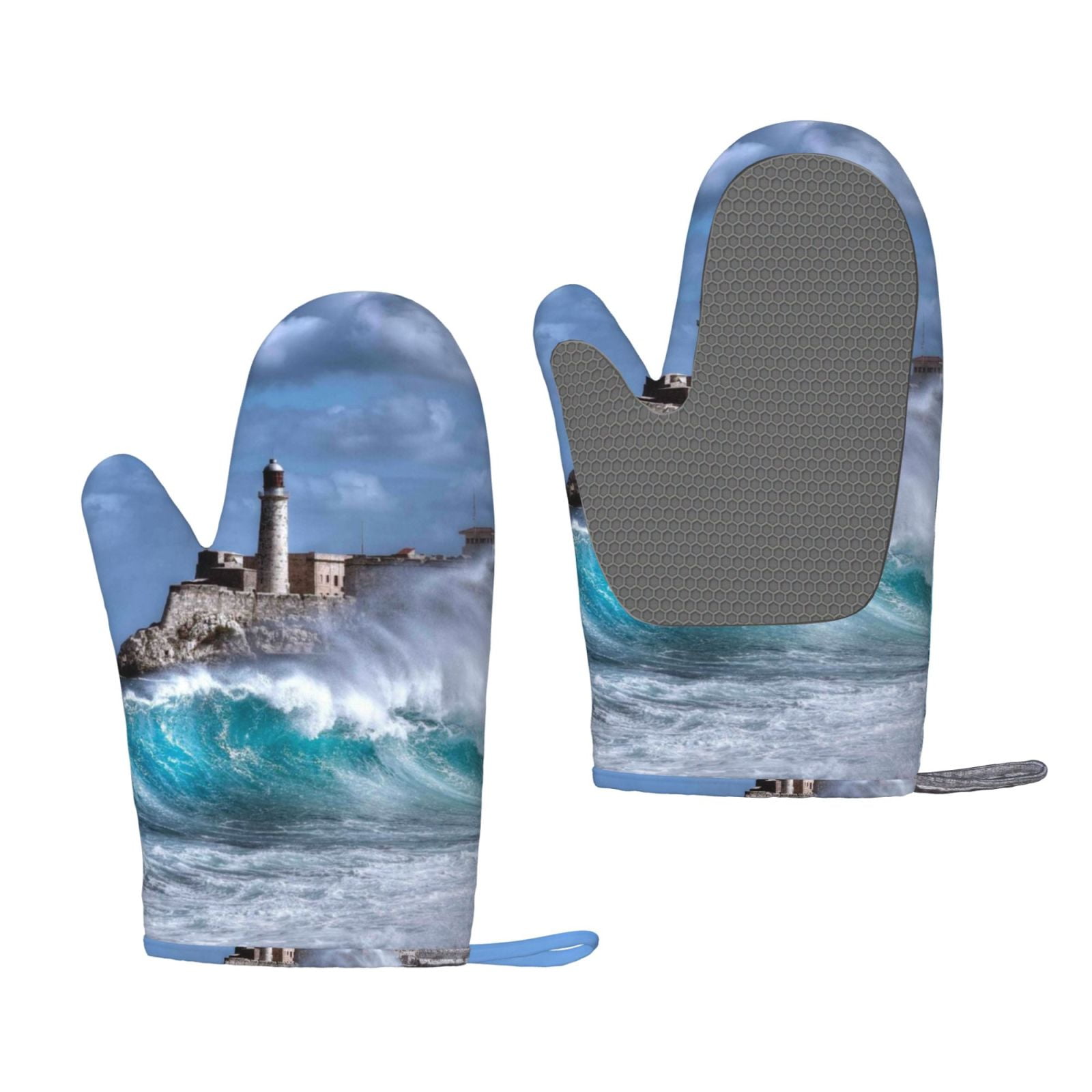 Hirioo Lighthouse in Havana for Silicone Oven Mitts for BBQ, Baking, Cooking, Set of 2, Heat Resistant 260℃, Non-Slip Kitchen Essentials