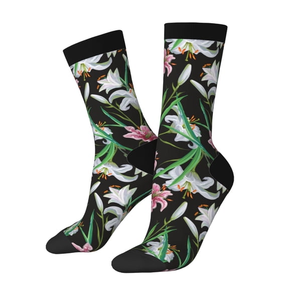 Hirioo Lilies Flowers Pattern Adult Middle Tube Socks Breathable Sock Non-Pilling,Contrasting Color Design