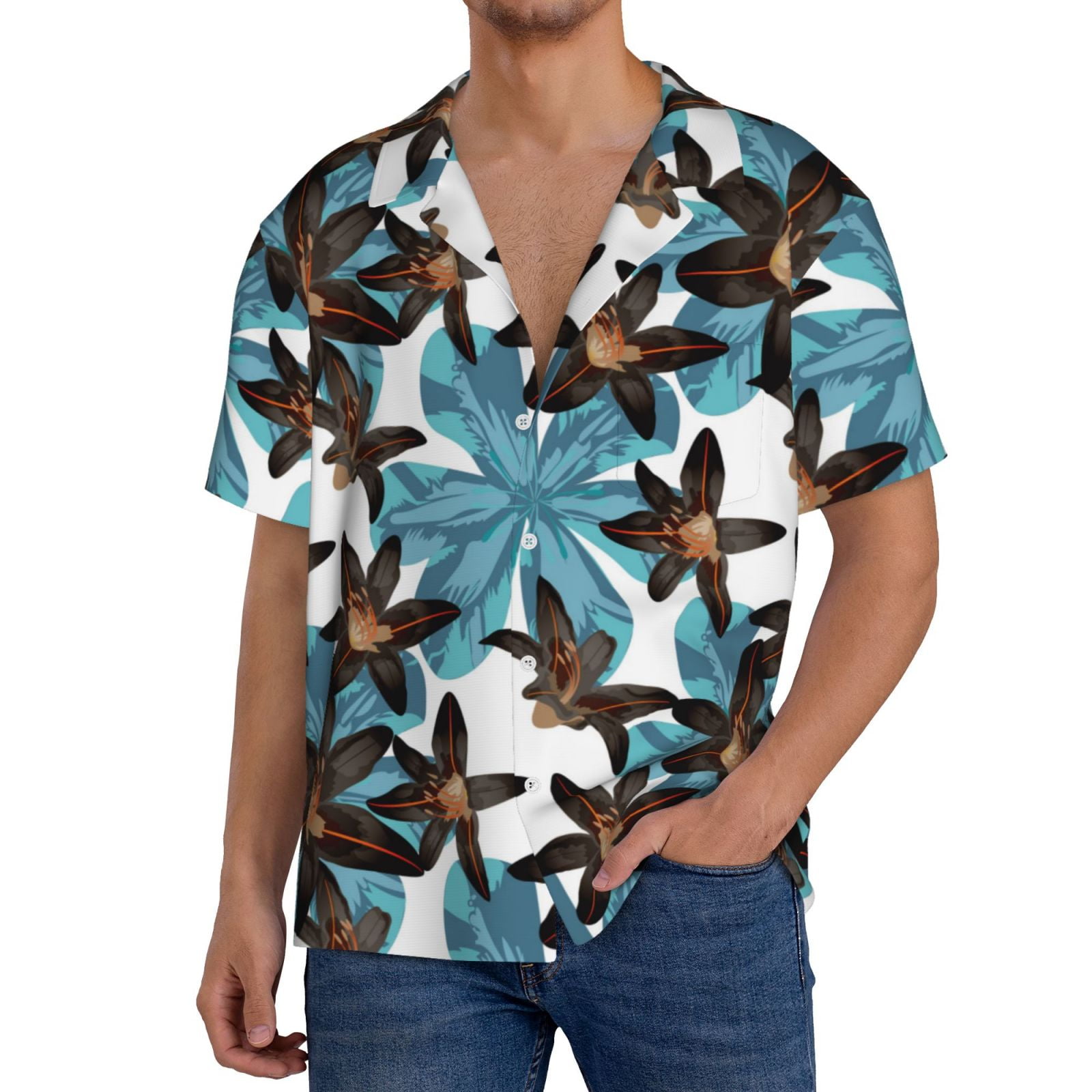 Caribbean Blues Embroidered Lilies Cotton Shirt