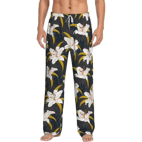 Hirioo Lilies Flowers for Men's PJ Pajama Pants Sleep Pants Men's Home Trousers with Pockets,S-3XL-Small