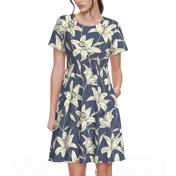 Hirioo Lilies Flowers for Short Sleeve Dress Women's Short Sleeve Dress with Pockets