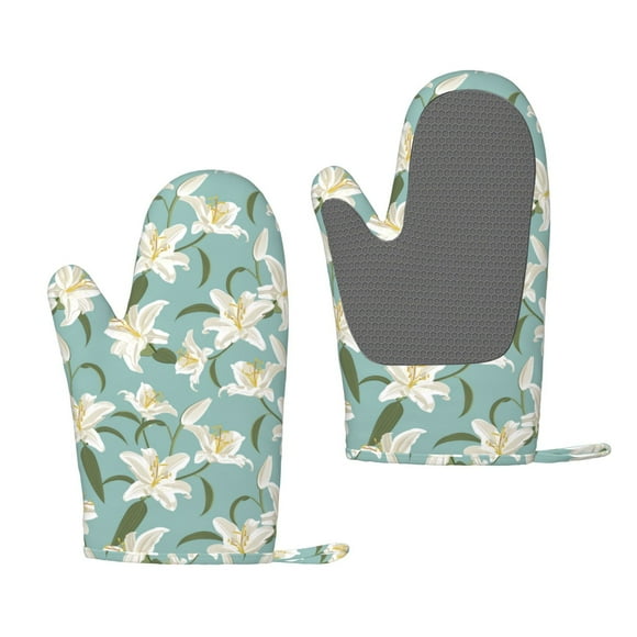 Hirioo Lilies Flowers for Silicone Oven Mitts for BBQ, Baking, Cooking, Set of 2, Heat Resistant 260, Non-Slip Kitchen Essentials