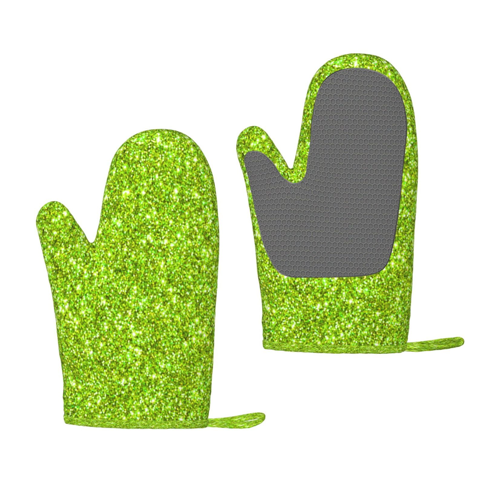 Hirioo Lime green glitter for Silicone Oven Mitts for BBQ, Baking, Cooking, Set of 2, Heat Resistant 260℃, Non-Slip Kitchen Essentials