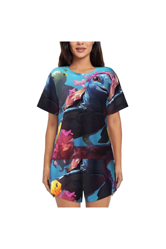 Lively Cute Turtle for Women's 2 Piece Short-Sleeved Pajama PJ Sets for Women Shorts with Pockets Womens Lounge Set-Medium