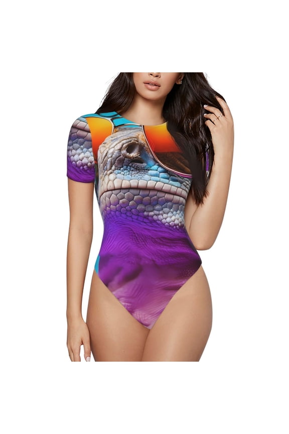Lizard With Sunglasses Colorful for Women's Round Neck Short-sleeved Onesie Basic Bodysuits-Small