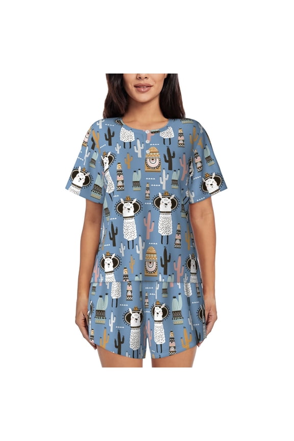 Llamas And Cactus for Women's 2 Piece Short-Sleeved Pajama PJ Sets for Women Shorts with Pockets Womens Lounge Set-