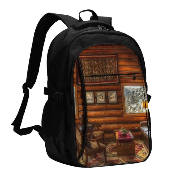 Hirioo Log Cabin Inside for Travel Laptop Backpack with USB Charging Port for Men and Women