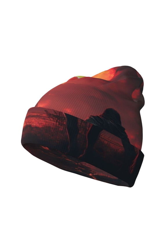 Lone Rider Under Red Sky for Men's Knit Cuffed Beanie for Outdoor Activities Unisex